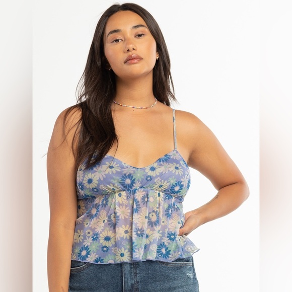 RSQ Tops - RSQ Womens Daisy Mesh size Large 
Cami  BLUE floral cropped sleeveless sheer top